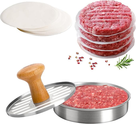 Cook Guy Burger Press 5" Hamburger Press Patty Maker – Non-Stick Hamburger Mold with 100 Patty Papers Set | 304 Stainless Mash Tool Smash for Meat Beyond Veggie Turkey Vegan Beef