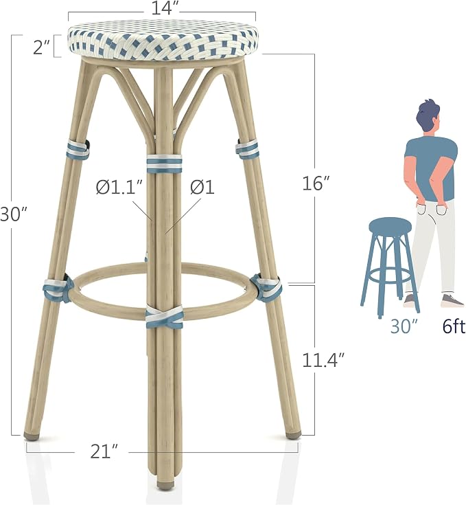 Seadrift Boho 30-inch Aluminum and All-Weather Wicker Barstools with Footrest, Patio Stools & Bar Chairs for Outdoor, Kitchen Counter, Poolside, Yard, Set of 2, Blue and Beige
