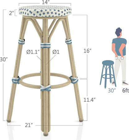 Seadrift Boho 30-inch Aluminum and All-Weather Wicker Barstools with Footrest, Patio Stools & Bar Chairs for Outdoor, Kitchen Counter, Poolside, Yard, Set of 2, Blue and Beige