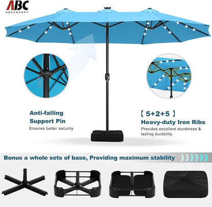 ABCCANOPY 15FT Solar LED Double-Sided Umbrella with Base, Turquoise | Rectangular Outdoor Table Umbrella with Crank, Heavy Duty Market Umbrella Shade for Garden,Poolside, Lawn, Backyard