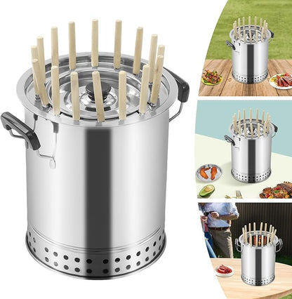 Portable Smokeless BBQ Charcoal Grill 16 Skewers, Stainless Steel Compact Barrel Grill Outdoor Indoor Camping Smokeless Charcoal Barbecue Grill BBQ Grill Cooking Set (26 * 30cm/10.2 * 11.8in)