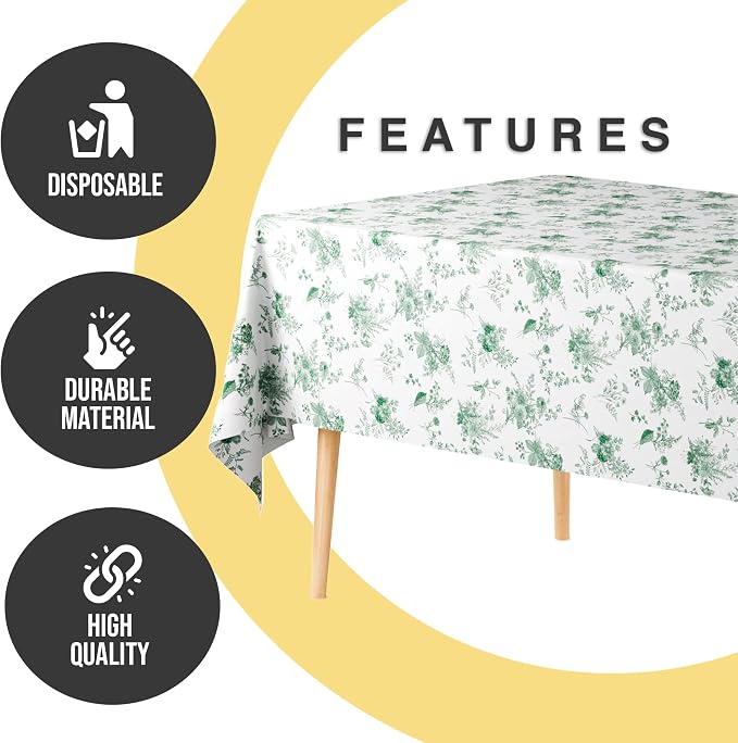 Exquisite 66% Thicker Floral Plastic Tablecloth Rectangle 54x108 Inch 6 Pack - Verdure Green Disposable Summer Table Cloth Tea Party Decorations - Vintage Table Cover Bridal Shower Wedding Spring