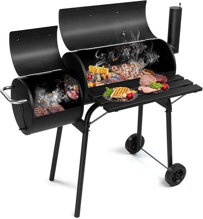 30-Inch Heavy Duty Barrel Charcoal Grill with Offset Smoker, All Metal Outdoor BBQ Grill with Side Table & Wheels, Large Cooking Area for Backyard, Patio, Garden Cooking and Smoking