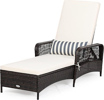 Tangkula Wicker Chaise Lounge Outdoor Set of 2, Patio Rattan Reclining Chaise with 6-Gear Adjustable Backrest, Thick Padded Cushion & Removable Lumbar Pillow, Pool Lounge Chairs for Outside Balcony