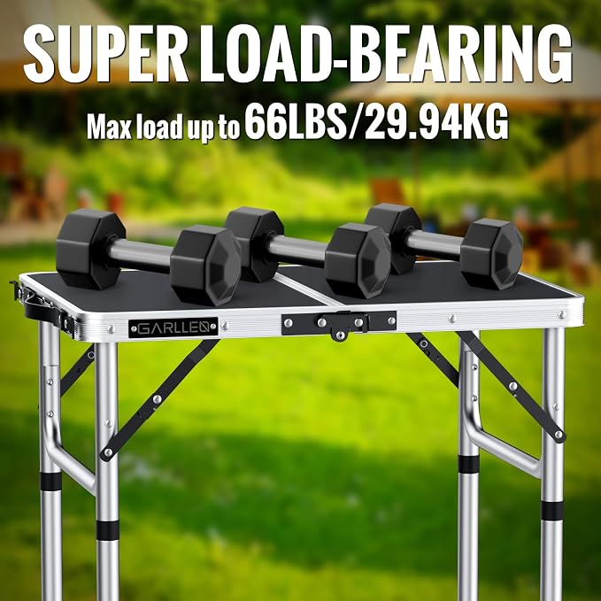 GARLLEN 2ft Folding Camping Table Max Capacity 66lbs, 3-Height Adjustable Picnic Table with MDF Tabletop, Lightweight Aluminum Folding Outdoor Tables for Grill, Travel, Picnic, 22.8" L x 15.7" W