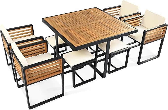 Merax 9-Piece Patio Dining Set for 8 People, Acacia Wood Outdoor Furniture Sets with 1 Square Table, 4 Cushioned Chairs and 4 Ottomans for Backyard, Garden, Lawn, Poolside, Space Saving Design, Beige