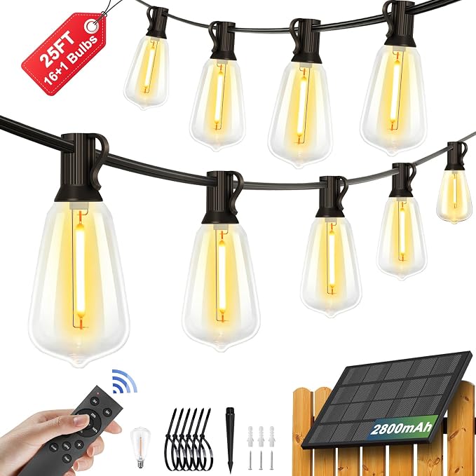 25FT Solar String Lights with 16 Bulbs 1.5FT Bulbs Spacing, 10Hours, Remote | 1Spare Bulbs, 2800mAm Battery, Remote On/Off & Sensor, Zipper & Screw, IP65 Waterproof For Patio Outside Backyard