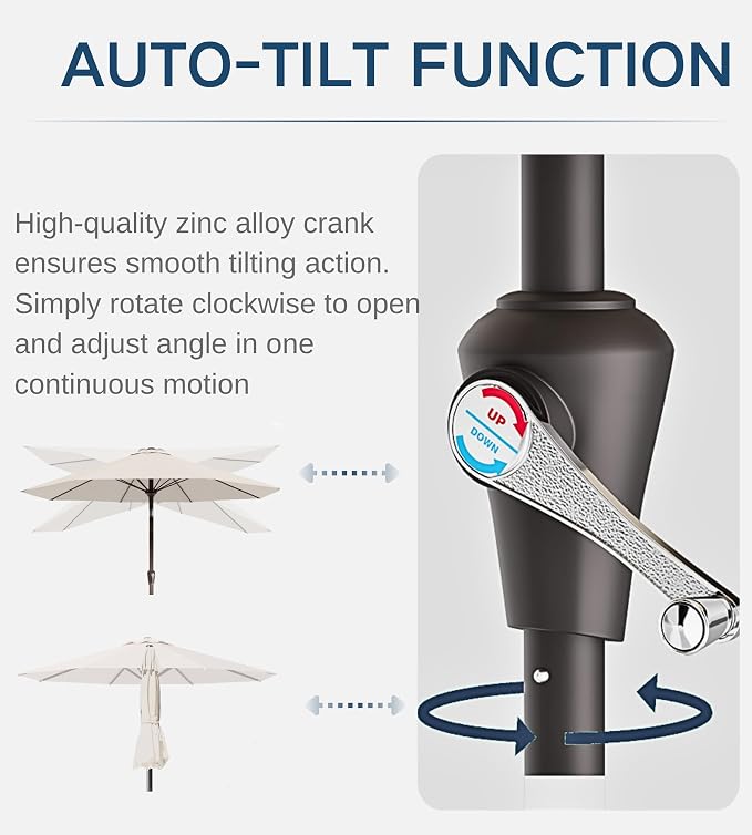 9FT Auto-Tilt Patio Umbrella|Outdoor Market Table Umbrella with 8 Fiberglass Ribs for Pool,Deck&Backyard