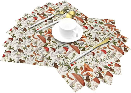 Boho Mushroom Placemats Set of 4, Botanic Plant Beige Table Mats | Heat Resistant Washable Placemat for Kitchen Dining Table Decor Cute Placemats Linen 12x18 Inch