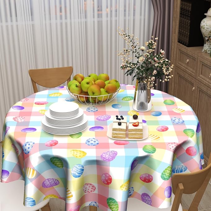 Sweetshow Easter Colorful Eggs Table Cloth Round Buffalo Check Plaid Tablecloth 60 Inch Decor Washable Stain and Wrinkle Spring Round Table Cover for Dining Picnic