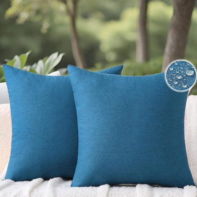 Outdoor Throw Pillows with Inserts, Waterproof Pillows for Outdoor Seating, Square Decorative Garden Cushion for Patio Furniture, Bed, Couch, Sofa(Blue, 16" x 16" (Pack of 2))