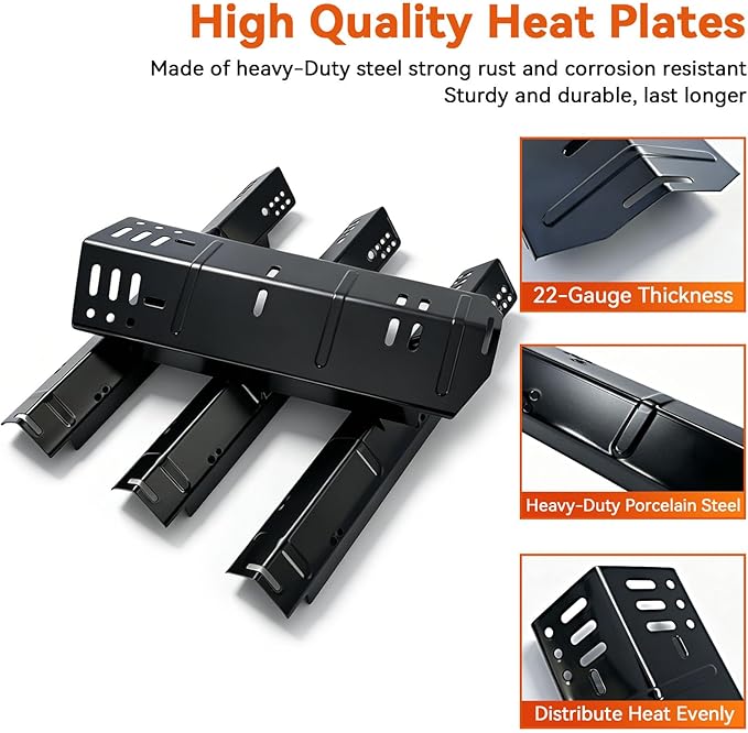Grill Replacement Parts for Dyna-Glo 4 Burner DGH450CRP DGH451CRP, Set of 4 Porcelain Steel Grill Heat Plates Shield + 3-Pack Cast Iron Cooking Grill Grates Kit for Dyna Glo 3/4 Burner Grill