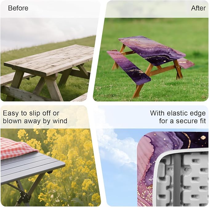 FOREVER QUEEN Picnic Table Cover with Bench Covers 72in,Waterproof Windproof Fitted Tablecloth, Purple Pink Marble with Gold Veins Camping Essentials with Drawstring Bag for Patio,Park & Backyard