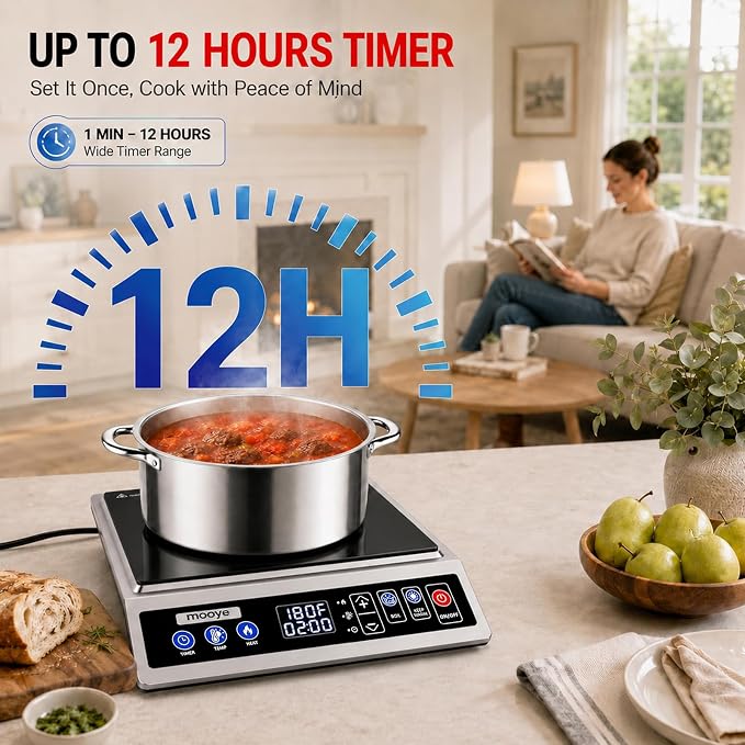 Induction Cooktop Portable Induction Burner Countertop One-Touch Max Power 1800W, 12-Hour Timer Precise Temperature Control Stainless Steel Hot Plate Low-Noise Electric Cooktop for Home-Regular