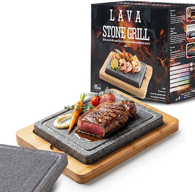 Artestia Steak Stone Set, 2PCS Volcanic Lava Stones, 8.46 x 6.49 in | Hot Stone Cooking Set with Bamboo Trays for Tabletop Sizzling Steak, Meat, Seafood & Vegetables, Restaurant-Style Dining