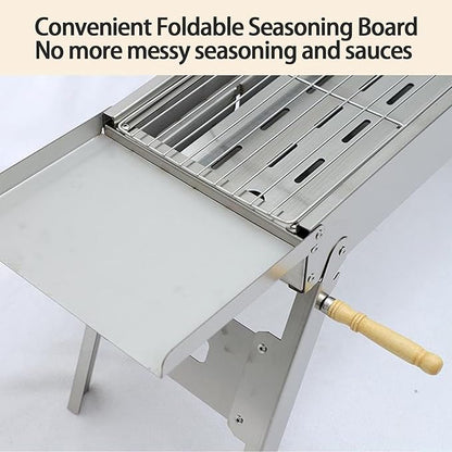 Portable Foldable Charcoal Grill, 304 Stainless Steel, No Assembly Required, Adjustable Charcoal Pan Height, Built-In Seasoning Board, 3-Second Open & Close, for Camping & Picnics