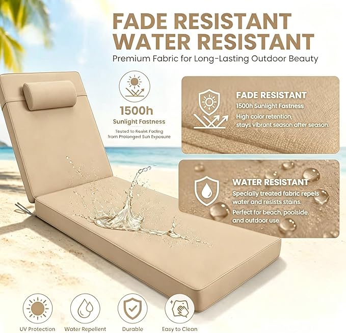 Chaise Lounge Cushion for Outdoor Furniture, Waterproof, Fade-Resistant and Tear Resistant, Patio Lounger Pads with Removable Cover for Pool, Deck, Lawn, 80x26x4 inch, Khaki