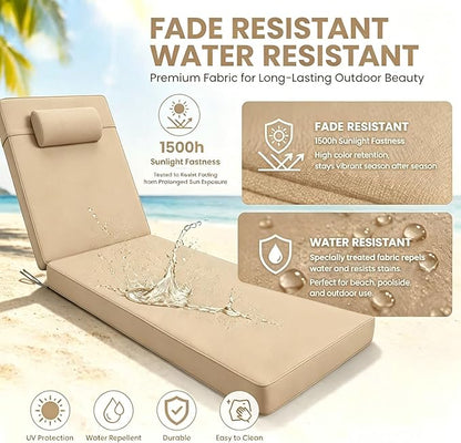 Chaise Lounge Cushion for Outdoor Furniture, Waterproof, Fade-Resistant and Tear Resistant, Patio Lounger Pads with Removable Cover for Pool, Deck, Lawn, 80x26x4 inch, Khaki