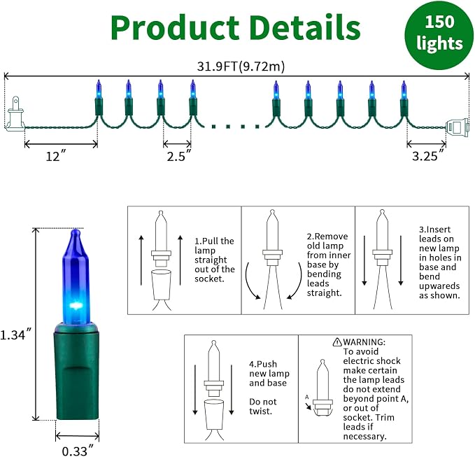Super-Bright Extendable Blue Christmas Lights Decoration 150Lights 31.9ft UL Certified Mini Bulb String Lights Set for Outdoor Christmas Tree Garden Holiday Party Patio Wedding Garland Decor