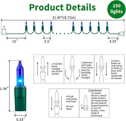 Super-Bright Extendable Blue Christmas Lights Decoration 150Lights 31.9ft UL Certified Mini Bulb String Lights Set for Outdoor Christmas Tree Garden Holiday Party Patio Wedding Garland Decor