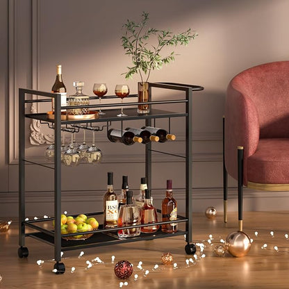 Joaxswe Bar Cart w/Wheels,2 Tier Home Bar Serving Cart,Vintage Black | Rolling Beverage Cart w/ Wine Rack and Glass Holder,Modern Wine Cart w/ Storage Shelves for Kitchen, Living Room,Dinning Room