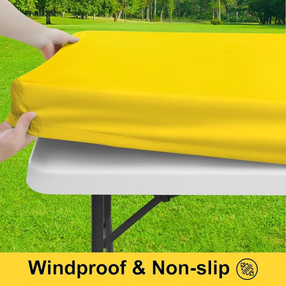 Smiry Picnic Table Cover with Bench Covers, Waterproof Elastic Fitted Polyester Tablecloths for 6 Ft Rectangle Tables, Washable Windproof Tablecloth for Camping, RV & Outdoor (Yellow, 30x72 Inches)