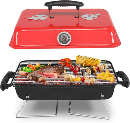 Portable Charcoal Grill, Small Tabletop BBQ Grill for Camping, Backyard, Beach and Picnic, Outdoor Charcoal Grill with Thermometer, Air Dampers and Carry Handles, Red