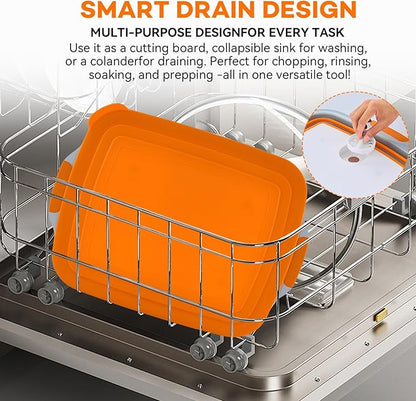 BBQ Prep Tub with Lid and Cutting Board - Collapsible Barbecue Tool Set for Marinating, Grilling, BBQ Prep Station for Outdoor Cooking, Camping Kitchen Accessories & Barbecue Utensils, XX-Large Orange