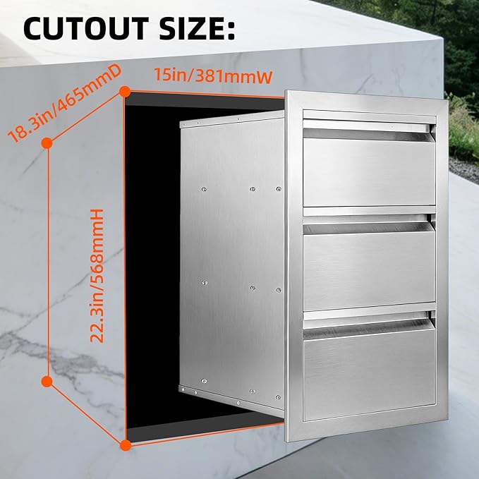 Outdoor Kitchen Drawers 15" x 25" x 18.7" Stainless Steel Triple Drawer Cabinet, Flush Mount Modular Storage for BBQ Islands & Patios