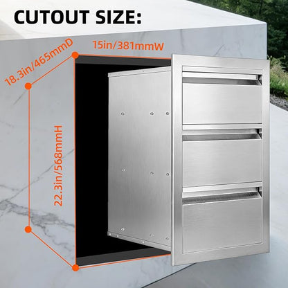 Outdoor Kitchen Drawers 15" x 25" x 18.7" Stainless Steel Triple Drawer Cabinet, Flush Mount Modular Storage for BBQ Islands & Patios