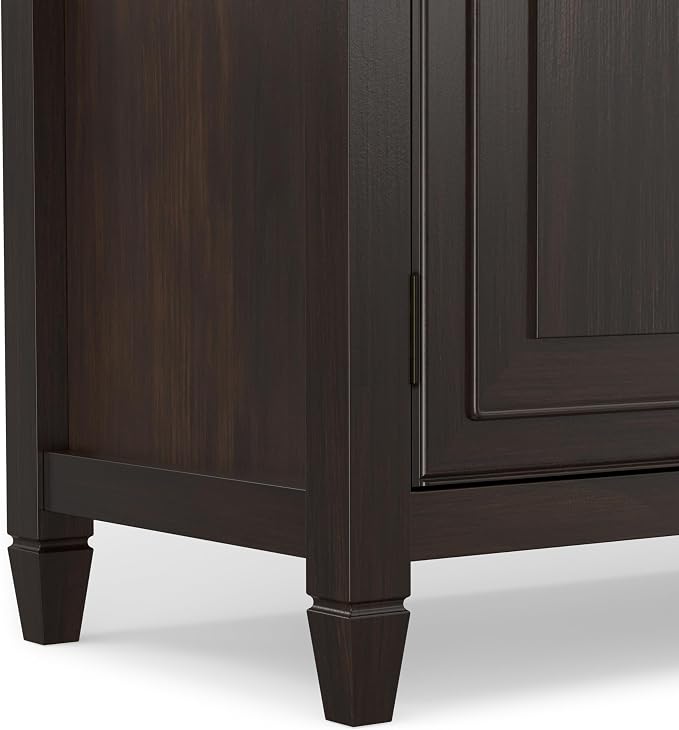 SIMPLIHOME Connaught 67" Sideboard Cabinet in Dark Chestnut Brown | Traditional 4-door dining room buffet with 2 drawers and adjustable shelves for organized kitchen or living room storage.