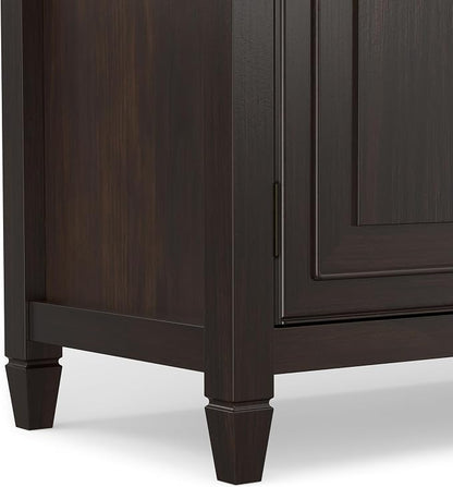 SIMPLIHOME Connaught 67" Sideboard Cabinet in Dark Chestnut Brown | Traditional 4-door dining room buffet with 2 drawers and adjustable shelves for organized kitchen or living room storage.