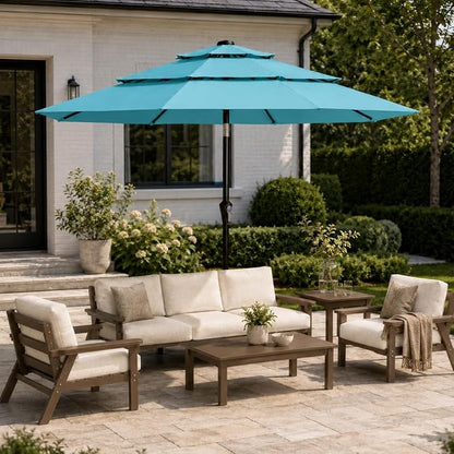 10ft Patio Umbrella, 3-Tier Vented Outdoor Table Umbrella with 8 Sturdy Fiberglass Ribs, Windproof Market Umbrella with Push Button Tilt and Crank, UV Protection for Deck, Pool, Sky Blue
