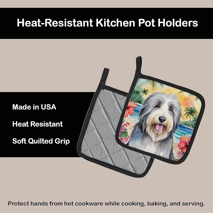 Caroline's Treasures Bearded Collie Luau Pair of Pot Holders Kitchen Heat Resistant Pot Holders Sets Oven Hot Pads for Cooking Baking BBQ, 7 1/2 x 7 1/2