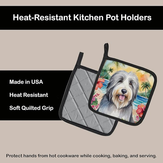 Caroline's Treasures Bearded Collie Luau Pair of Pot Holders Kitchen Heat Resistant Pot Holders Sets Oven Hot Pads for Cooking Baking BBQ, 7 1/2 x 7 1/2