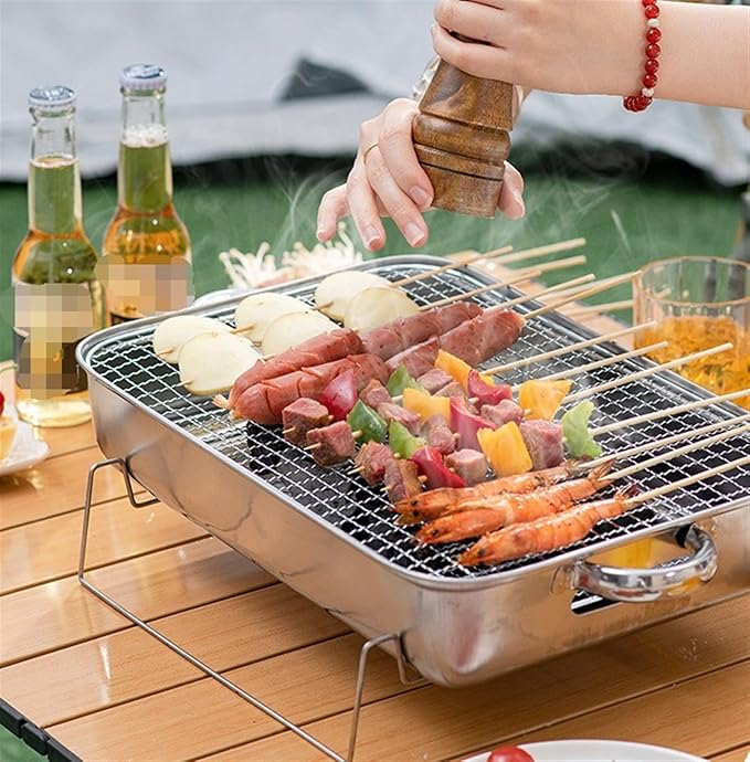 Barbecue Charcoal Grill Stainless Steel Barbecue Charcoal Grill Desktop For Camping Outdoor Hiking Portable Charcoal Grill, 38*26*11cm, Silver