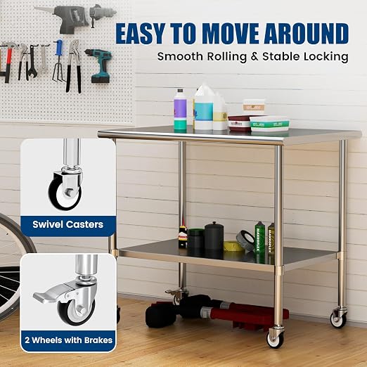 Stainless Steel Work Table with Wheels, 30x48 Inch NSF Kitchen Prep Table with Adjustable Undershelf for Commercial Restaurant, Garage, Outdoor BBQ