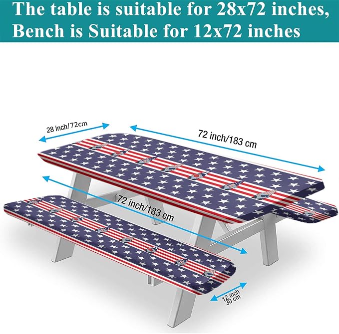 4th of July USA Flag Picnic Fitted Tablecloth and Bench Seats Cover, 28x72 Inch, American Flag with Gnomes Ice Pops Flag Elastic Edged Table Cloth for Indoor/Outdoor Picnic, BBQ and Dining, 3 Pcs Set