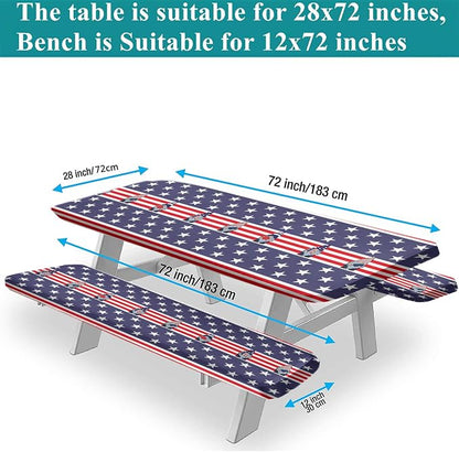 4th of July USA Flag Picnic Fitted Tablecloth and Bench Seats Cover, 28x72 Inch, American Flag with Gnomes Ice Pops Flag Elastic Edged Table Cloth for Indoor/Outdoor Picnic, BBQ and Dining, 3 Pcs Set