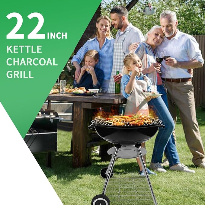22-Inch Charcoal Kettle Grill with Enamel Lid, Portable Outdoor Grill with Wheels