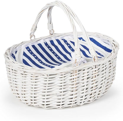 Wicker Picnic Basket 15"x11"x7" Insulated Liner Blue White Stars | Insulated Zip Liner Helps Keep Drinks and Snacks Cool, Sturdy Woven Basket Suits Parks, Camping, Holidays and Gift Giving