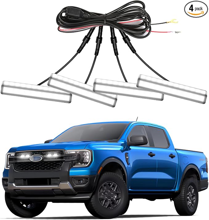 4PCS Front Grille Lights for Ford Ranger 2019-2026 White Light | Bright Bumper Grill Light Bar LED Running Lamps Fit for XL XLT Lariat Car Accessories