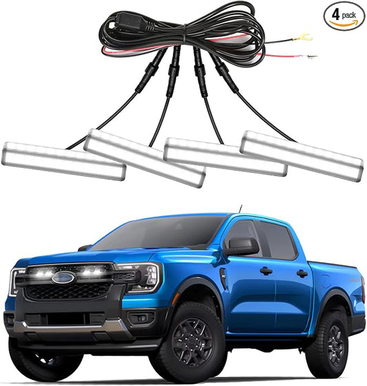 4PCS Front Grille Lights for Ford Ranger 2019-2026 White Light | Bright Bumper Grill Light Bar LED Running Lamps Fit for XL XLT Lariat Car Accessories