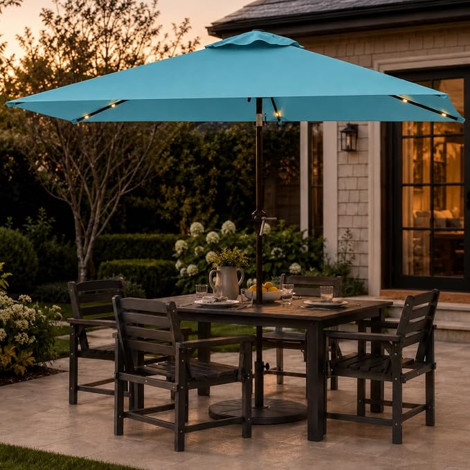6.5 x 10ft Rectangular Patio Umbrella with Solar Lights, 16 LED Lighted Market Umbrella with Push-Button Tilt and Crank, 6 Sturdy Iron Ribs for Garden, Deck, Pool, Sky Blue