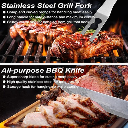 POLIGO 29 PCS BBQ Grill Accessories Stainless Steel BBQ Tools Grilling Tools Set with Storage Bag for Fathers Day Dads Birthday Presents - Camping Grill Utensils Set Ideal Grilling Gift for Men Silver