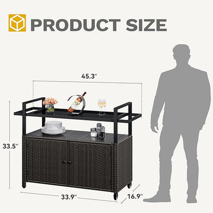 DWVO Outdoor Kitchen Island,Patio Buffet Cabinet with Storage, Bar Cart with Glass Top,Patio Storage Cabinet with Wheels,Outdoor Bar Table for Poolside and Backyard,Black