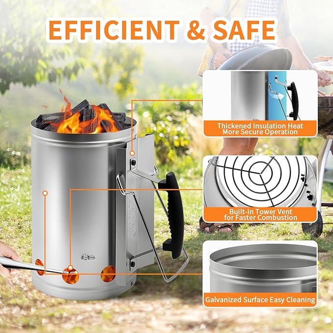 Charcoal Chimney Starter with Firelighters, XL 7.5X12 Chimney Starter, Tilted Handle Design for Safe Outdoor Grilling & Camping, Silver