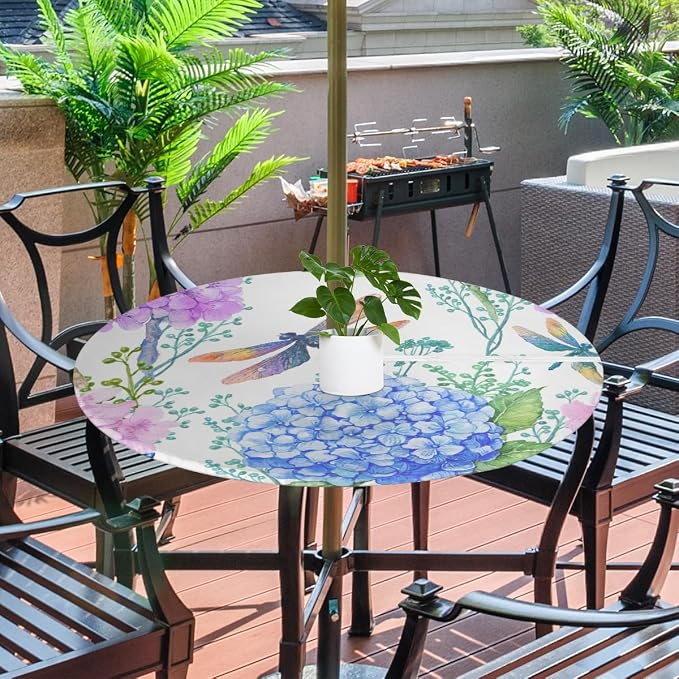 Fitted Round Tablecloth with Umbrella Hole and Zipper Flowers Hydrangeas Outdoor Elastic Table Cloth 45"-56" Oil-Proof Waterproof Dragonflies Patio Table Cover for Picnic Party