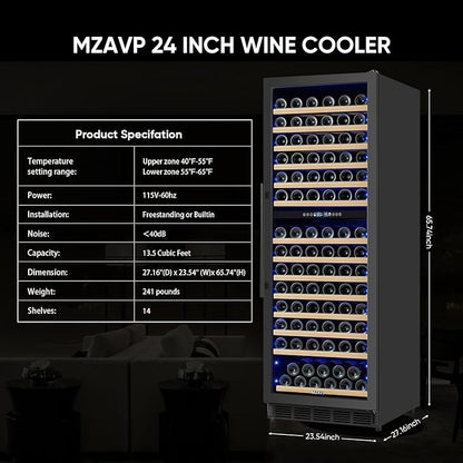 Dual Zone Wine Cooler Refrigerator, 24 Inch Wine Fridge Freestanding or Built-in, 154 Bottle Large Capacity Wine Cooler with Advanced Compressor, Air-circulation System and Low Noise - Black