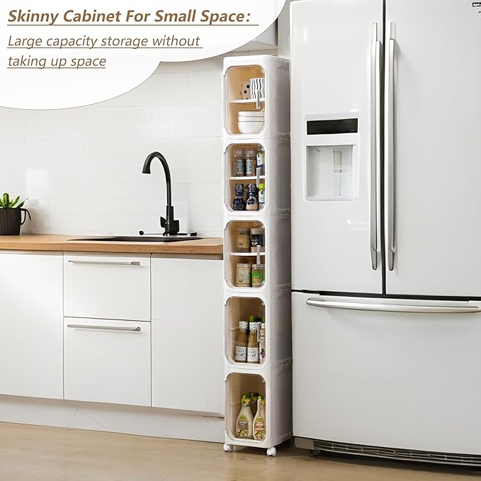 LXLXXL 5-Tier Narrow Storage Cabinet Slim Bathroom Storage Cabinet with Movable Wheels Tall Bathroom Organizer Skinny Cabinet for Small Spaces，Beige